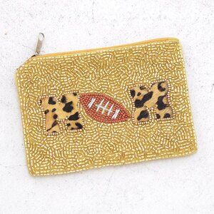 Leopard MOM Football Gameday Seed Beaded Gold Coin Makeup Storage Pouch Bag NEW